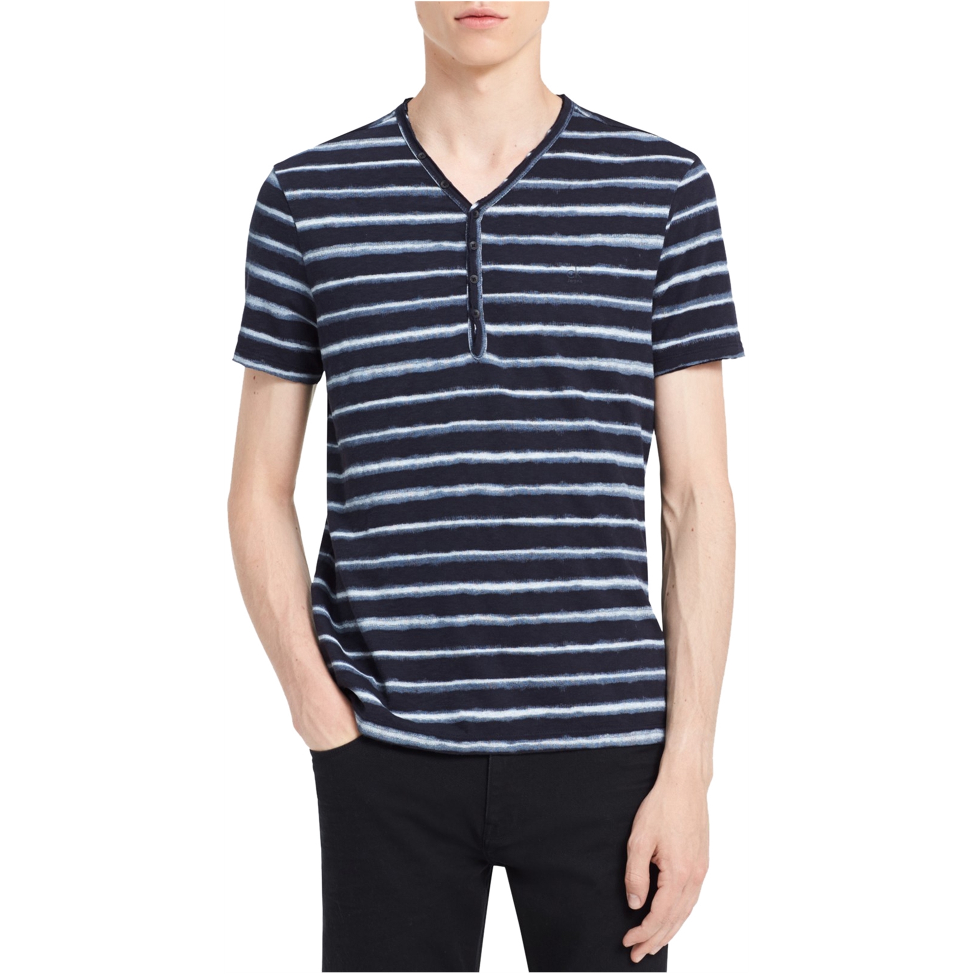 Calvin Klein Mens Striped Henley Shirt, Blue, XX-Large
